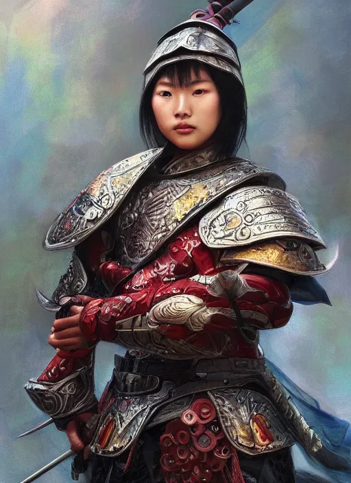 Prompt: a portrait of a beautiful young chinese warrior in armor, by artgerm, nick silva, ja mong, greg rutkowsky, oil painting, soft painting, photorealism, skin reflections