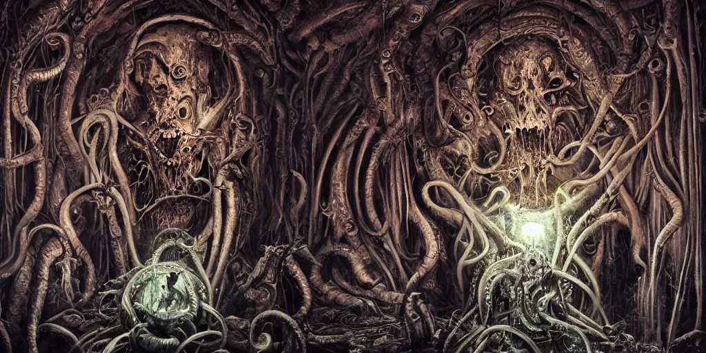 Image similar to lovecraftion god, chaos, terror, art by paulc carrick, dave carson, john coulthart, lee brown coye, h. r giger, stephen hickman, 8 k, hd, illumination, lighting, raytracting, dark, lovecraft, arkham, grotesque