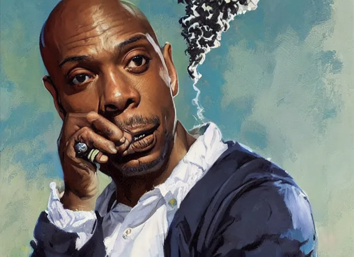 Image similar to a highly detailed beautiful portrait of dave chappelle smoking weed by gregory manchess, james gurney, james jean