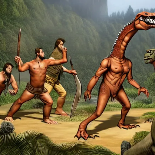 Image similar to A large dinosaur! fighting with several realistic detailed cavemen with proportioned bodies, next to the dinosaur are cavemen, the cavemen are armed with spears, the caveman are in a fighting stance, the cavemen are wearing animal furs, one caveman is stabbing the dinosaur with his spear, one caveman is cowering in fear, coarse canvas, visible brushstrokes, intricate, extremely detailed painting by William Turner (and by Greg Rutkowski)