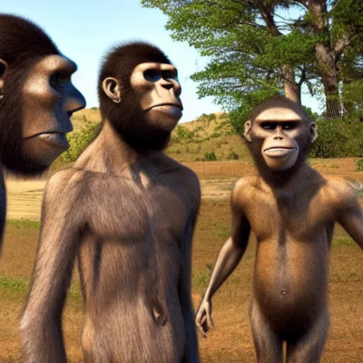 Image similar to modern humans meeting australopithecus afarensis, scientists, savanna, proto - humans