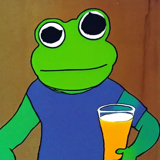 Prompt: pepe the frog drinking his own piss