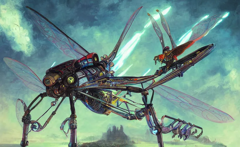 Prompt: illustration of cyberbunk mechanical thopter from magic the gathering, fantasy, sci - fi, neon lighting, by syetlin velinov, rembrandt, caspar david friedrich, hikari shimoda, ilya kuvshinov, digital art painting, mid shot,