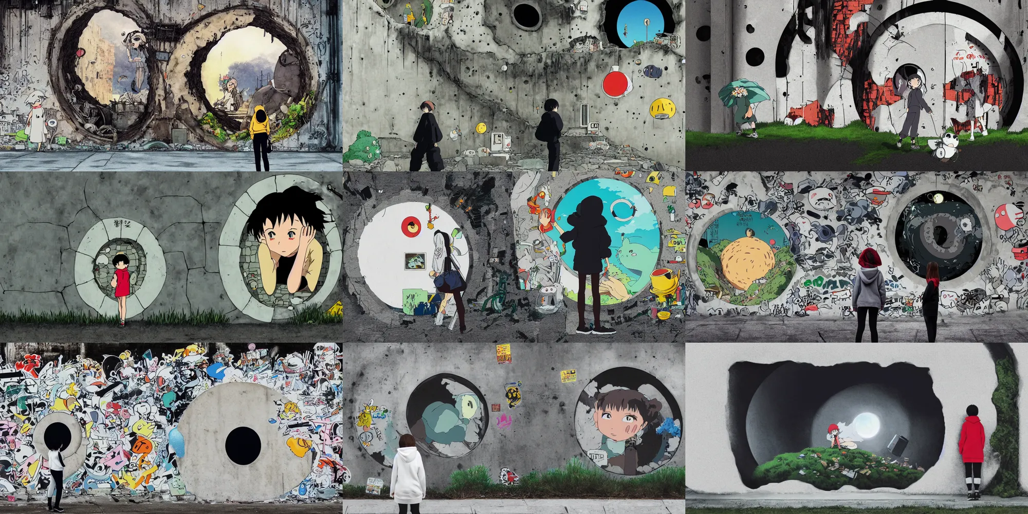 Prompt: ghibli miyazaki movie poster, focal point, foreground, midground, ultra wide, brutalist, white hoodie girl outside a large hole in the side of a concrete wall, huge black circle, huge black round hole, black depths, posters, notices, graffiti, stickers, junk, moss
