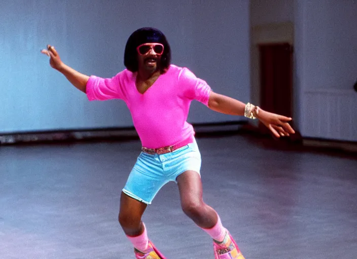 Image similar to film still of Stevie Wonder Rollerskating in the new Boogie Nights movie, 8k