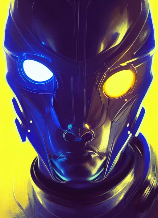 Image similar to symmetry!! portrait of man with black hood, sci - fi, tech wear, blue and yellow glowing lights!! intricate, elegant, highly detailed, digital painting, artstation, concept art, smooth, sharp focus, illustration, art by artgerm and greg rutkowski and alphonse mucha