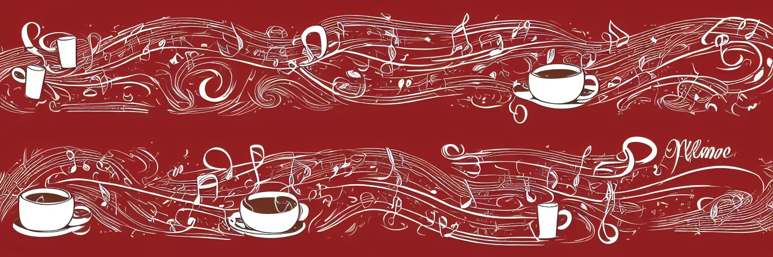 Prompt: banner design, coffee and musical instrument, vector, line art, red and white,