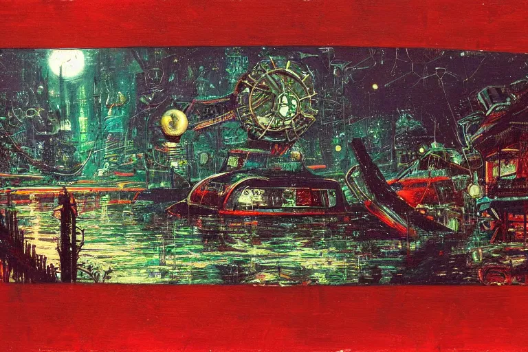 Image similar to river boats speeding between spherical tree houses on flooded streets of new york painting, red and green palette, night lights, starry sky, by ( h. r. giger ) and paul lehr