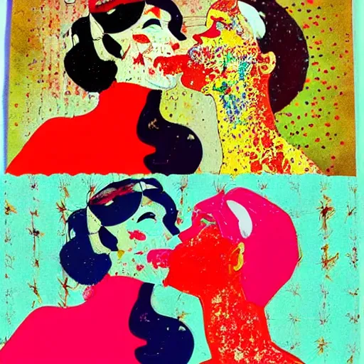 Image similar to two women kissing at a party, mixed media collage, retro, paper collage, magazine collage, acrylic paint splatters, retro psychedelic illustrations,