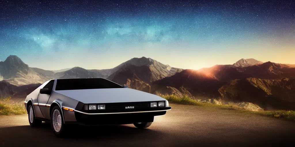 Prompt: a photo of a delorean car ontop of a mountain staring towards the starry night, synthwave, realism, octane render, 3 d render, beautiful