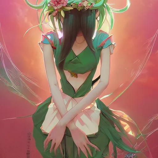 Image similar to hatsune miku short hair, anime style, hyper detailed, light green dress, illustration, digital painting, art by artgerm and greg rutkowski and alphonse mucha, high delicate defined details, anime stylized, highly detailed, realistic, sharp focus, styled by rhads