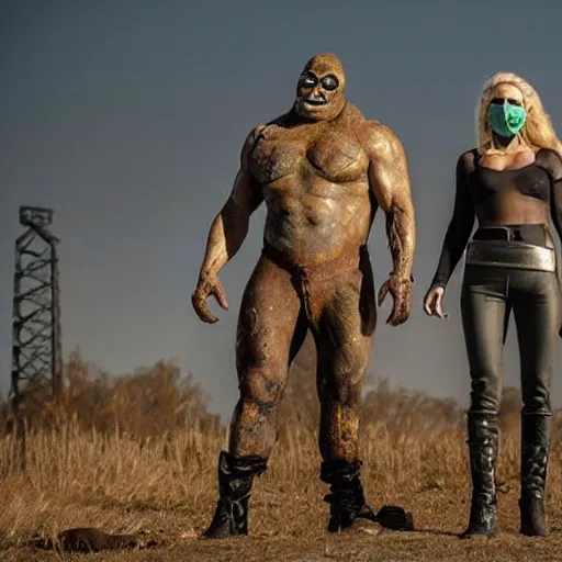 Image similar to a very huge, very big masked mutant man standing next to a small blonde woman. The mutant is huge very big very muscular. The woman is blonde and small, short. They are staring at the horizon where there are the ruins of a city, postapocalyptic, movie still