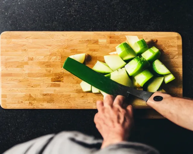 Image similar to 9 0 degrees fov, first person point of view of me chopping vegetables on a chopping board