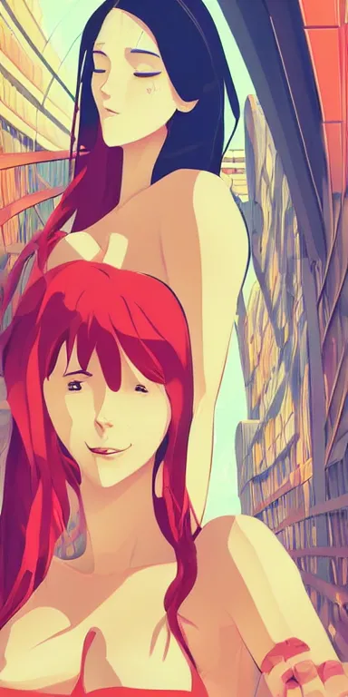 Image similar to redhead 👩👙😘 🏖🌊🌅 digital painting, anime inspired, clean cel shaded vector art. shutterstock. behance hd by lois van baarle, artgerm, helen huang, by makoto shinkai and ilya kuvshinov, rossdraws, illustration, art by ilya kuvshinov