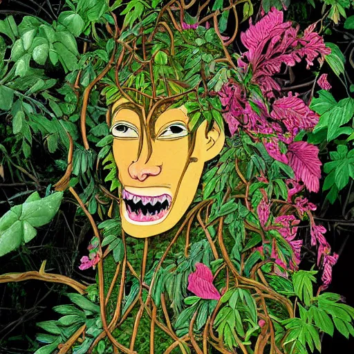 Image similar to jungle photograph of a creature with many vine limbs and a blooming flower head with teeth