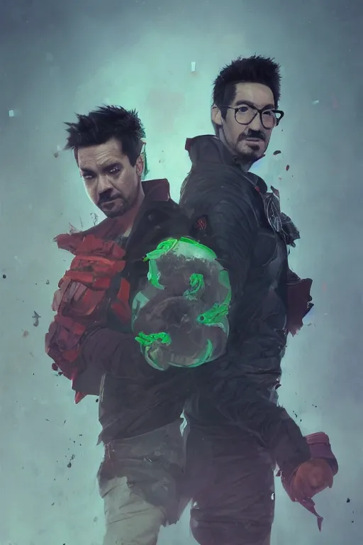 Prompt: a portrait of jacksepticeye Vs Markiplier by Greg Rutkowski, Sung Choi, Mitchell Mohrhauser, Maciej Kuciara, Johnson Ting, Maxim Verehin, Peter Konig, final fantasy , 8k photorealistic, cinematic lighting, HD, high details, atmospheric , trending on artstation