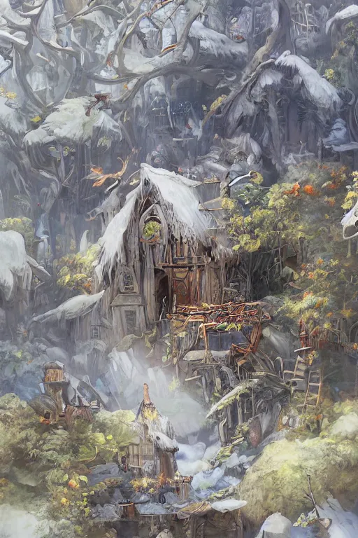 Image similar to a storybook illustration of a ramshackle multistory fairytale hut in the forest, intricate, elegant, fantasy, highly detailed, digital painting, concept art, sharp focus, artstation