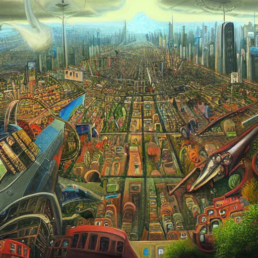 Prompt: a fantastic complex detailed painting of a chaotic city by Heironymous Bosch