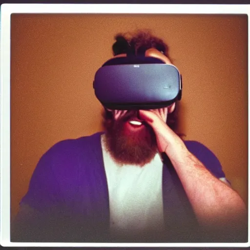 Image similar to Terrence McKenna sitting Down laughing with a VR headset on, 1994, Polaroid