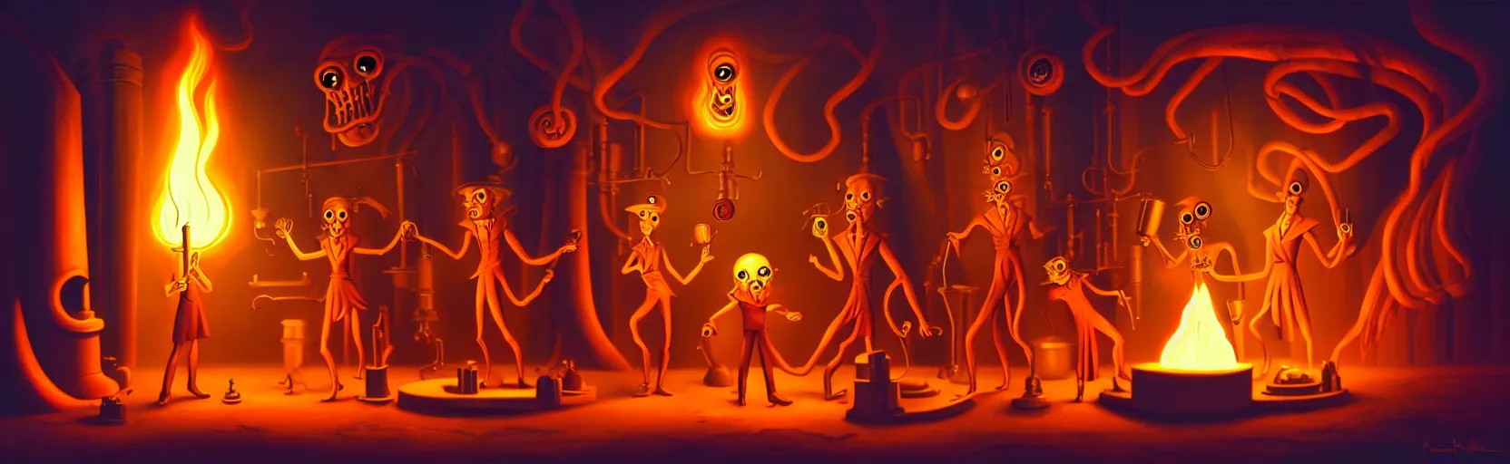 Image similar to uncanny alchemist monsters in a fiery alchemical lab, dramatic lighting, surreal 1 9 3 0 s fleischer cartoon characters, surreal painting by ronny khalil