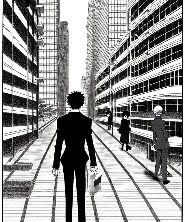 Prompt: A anime about a short-haired office solo worker standing on the sidewalk. Sharp high quality anime cover, fine details, straight lines, perfect faces, architecture in the background, masterpiece, shadows, art, highly detailed drawing by Hirohiko Araki, Akatsuki Akira, Kentaro Miura