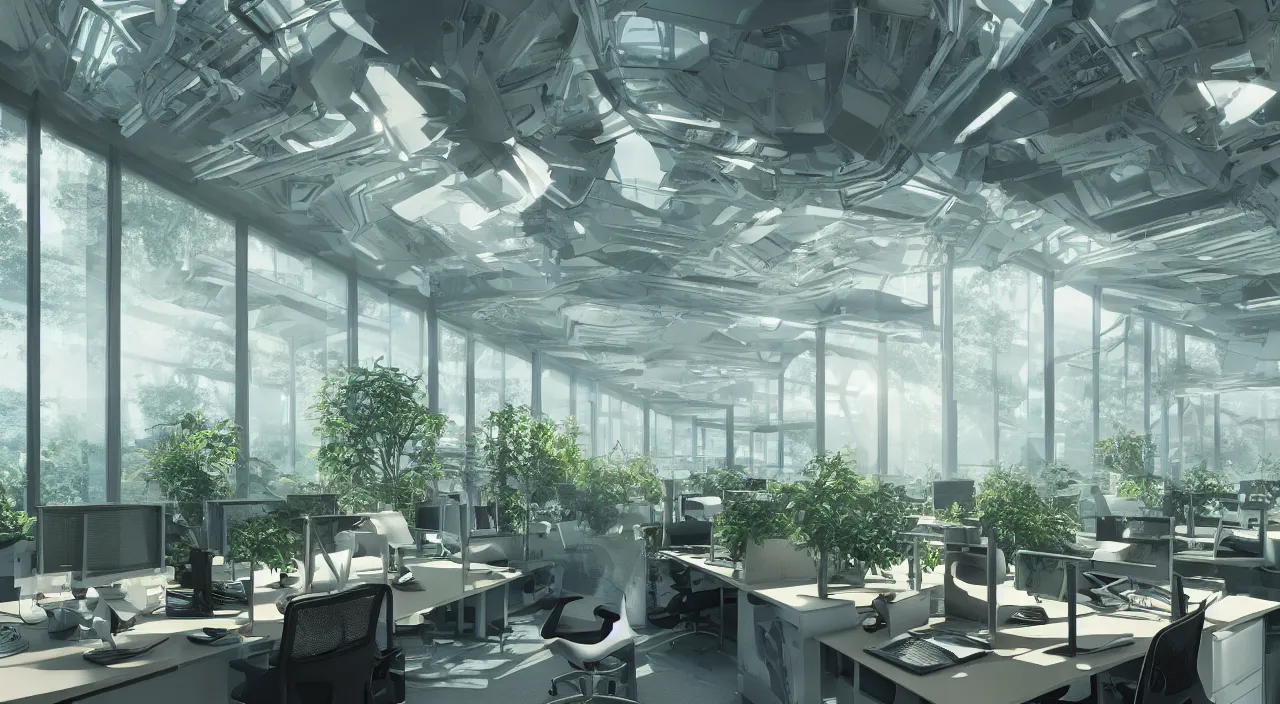 Prompt: futuristic office with parks and plants, glowing computer screens, bright with large windows and voluminous light and light rays, extremely intricate, very detailed, artstation, octane render, warm color highlights, cinematic lighting