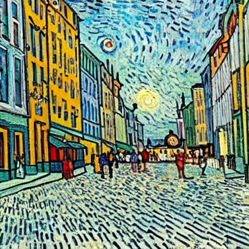 Image similar to a painting of the city of Rostock in the style of Vincent van Gogh