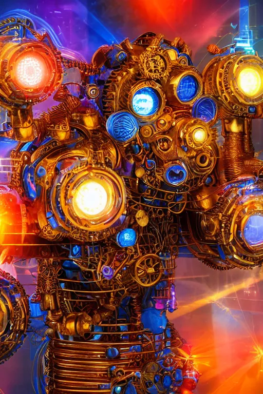 Prompt: portrait photo of a giant huge golden and blue metal steampunk robothead covered with multicolored machine parts and gears and tubes, eyes are glowing red lightbulbs, shiny crisp finish, 3 d render, 8 k, insaneley detailed, fluorescent colors, background is multicolored lasershow