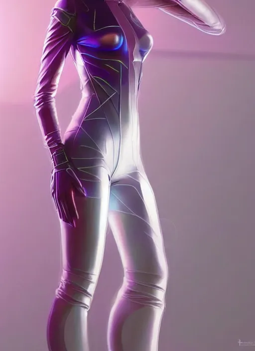 Image similar to portrait of modern female humanoid, transparent tight clothes, very futuristic, elegant, cyber neon lights, highly detailed, digital photography, trending in artstation, trending in pinterest, glamor pose, concept art, smooth, sharp focus, art by artgerm and greg rutkowski