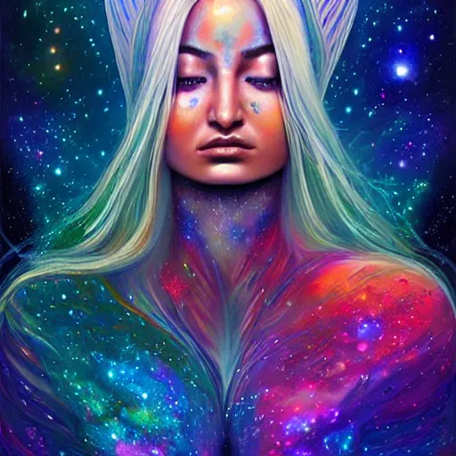 Image similar to a galaxy colored psychedelic chakra awakening kundalini ethereal portrait of kim petras with her eyes closed transcending to a higher plane of existence, eternal blessing, multiverse, by android jones, by ben ridgeway, visionary art, by artgerm, featured on artstation, cgsociety, by greg rutkowski