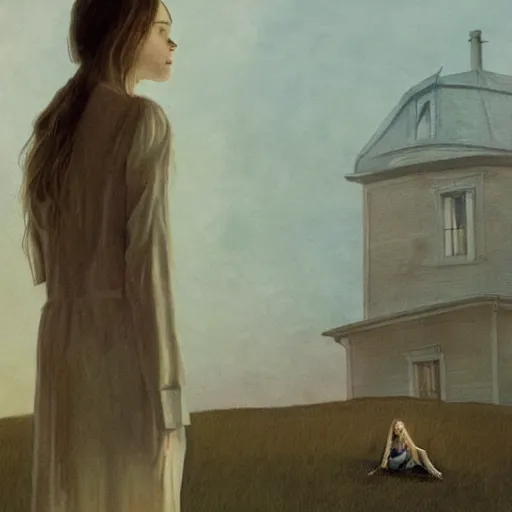 Image similar to Elle Fanning in the painted world of Inception, head and shoulders masterpiece, apocalypse, golden hour, cosmic horror, artstation, in the style of Andrew Wyeth and Edward Hopper and Bosch, extremely detailed