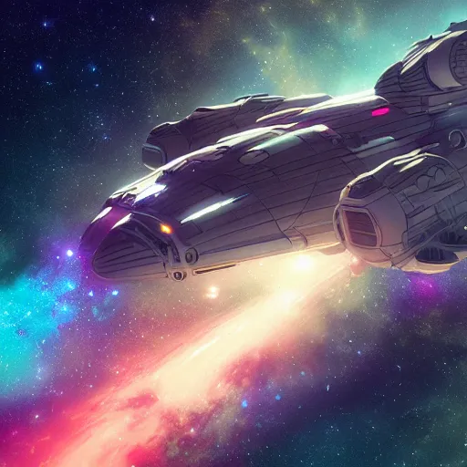 Prompt: a spaceship that looks like a manatee, colorful lights, nebula background, art by artgerm and greg rutkowski and alphonse mucha highly detailed, dieselpunk, high quality, 8 k, soft lighting, realistic face, path traced