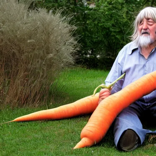 Prompt: robert wyatt chewing on a comically large carrot, photograph, highly detailed