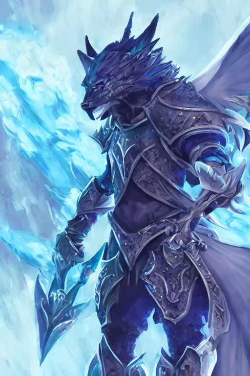 Image similar to anthropomorphic Azure wolf knight, DnD character art portrait, fantasy battleground, raining, blue flame, oil painting, heroic pose, magic the gathering artwork, D&D, fantasy, cinematic lighting, centered, symmetrical, highly detailed, digital painting, artstation, concept art, chromatic aberration, post processing, smooth, sharp focus, illustration, volumetric lighting, epic Composition, 8k, art, DeviantArt, trending on Artstation, Jason Felix, Steve Argyle, Tyler Jacobson, Peter Mohrbacher, Akihiko Yoshida, Greg Rutkowski, Craig Mullins, Frank Frazetta, cinematic lighting