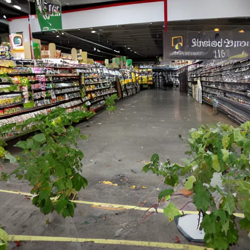 Image similar to a ransacked grocery store, broken signs, filthy flooring. Vines growing. Award-winning photo. OM system 12–40mm PRO II 40mm, 1/100 sec, f/2 8, ISO 800