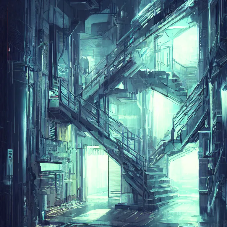 Image similar to down a basement staircase neon lights cyberpunk style digital painting concept art smooth sharp focus hyperrealistic illustration artstati