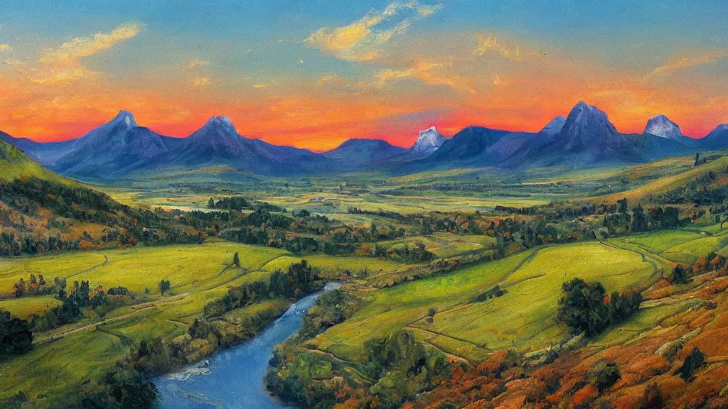 Prompt: The most beautiful panoramic landscape, oil painting, where the mountains are towering over the valley below their peaks shrouded in mist. The sun is just peeking over the horizon producing an awesome flare and the sky is ablaze with warm colors and stratus clouds. The river is winding its way through the valley to an ancient italian village, some smoke comes out of the village, the trees are starting to turn yellow and red, by Greg Rutkowski, aerial view