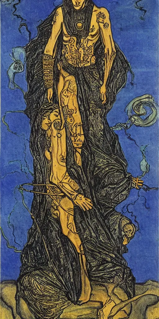 Prompt: the knight of cups tarot card by Austin osman spare