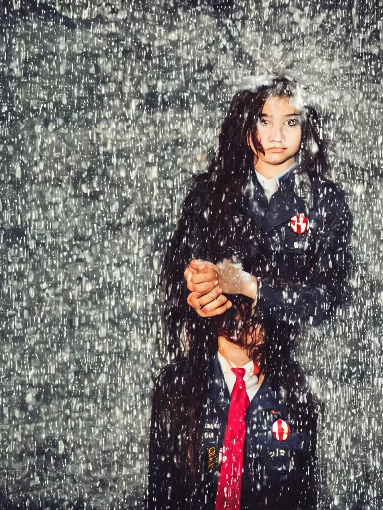 Image similar to night flash portrait photography of a high school girl in uniform on the lower east side by annie leibovitz, colorful, nighttime!, raining!