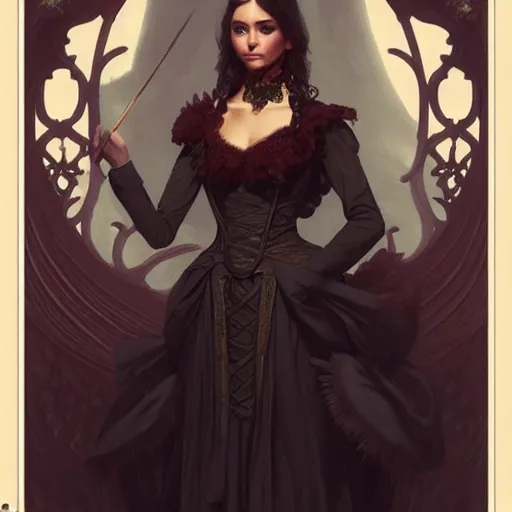 Image similar to Nina Dobrev dressed in a victorian fashion, D&D, fantasy, intricate, elegant, highly detailed, digital painting, artstation, concept art, matte, sharp focus, illustration, art by Artgerm and Greg Rutkowski and Alphonse Mucha