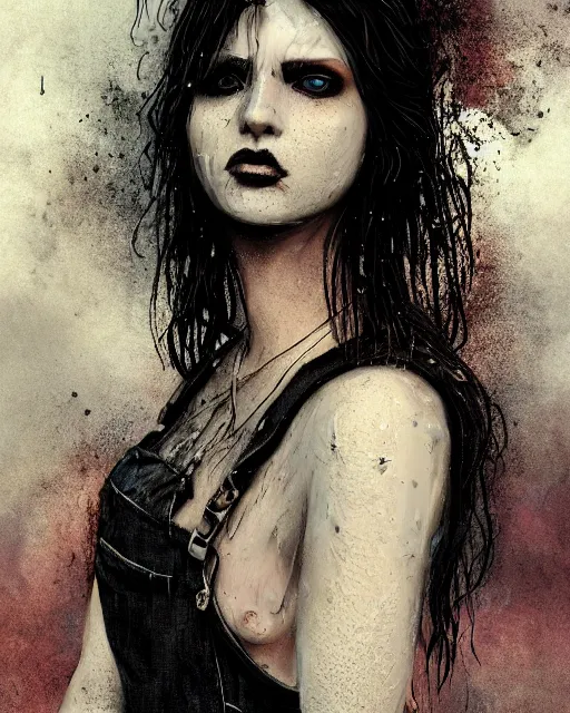 Prompt: grungy goth woman, soft eyes and narrow chin, dainty figure, long hair straight down, torn overalls, nebula background, side boob, blows smoke, wet shirt, wet, raining, highly detailed face, realistic face, beautiful detailed eyes, fantasy art, in the style of greg rutkowski, illustration, epic, fantasy, intricate, hyper detailed, artstation, concept art, smooth, sharp focus, ray tracing, vibrant,