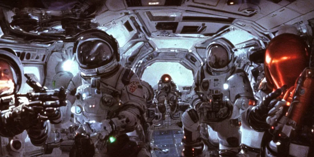 Prompt: color film still, space marines in the space ship ; alien 2 ( 1 9 8 6 )