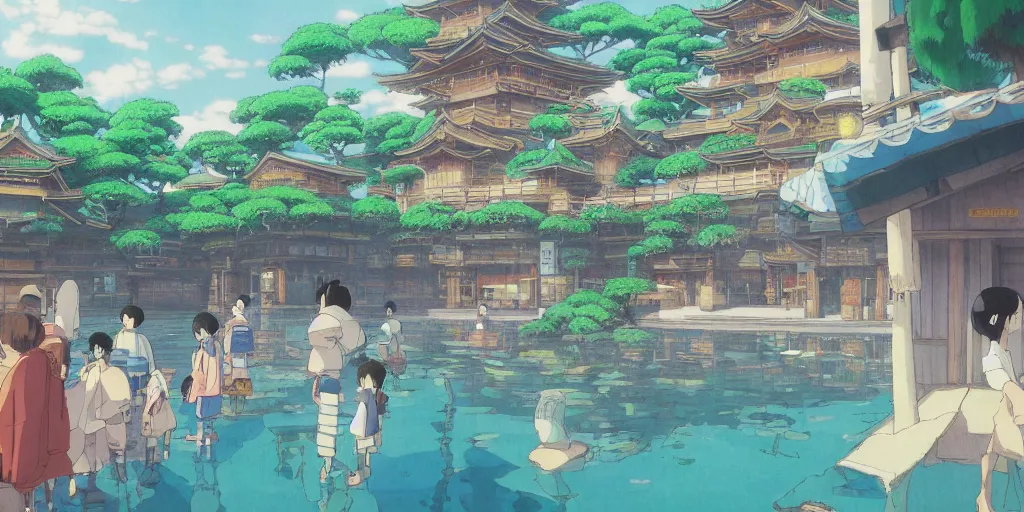 Image similar to bathhouse ( spirited away ), japanese, bright. photorealistic, expansive atmosphere, volumetric shading, intricate and detailed, vivid colors. breath of the wild style, by hayao miyazaki ghibli!!!. trending on artstation. award winning