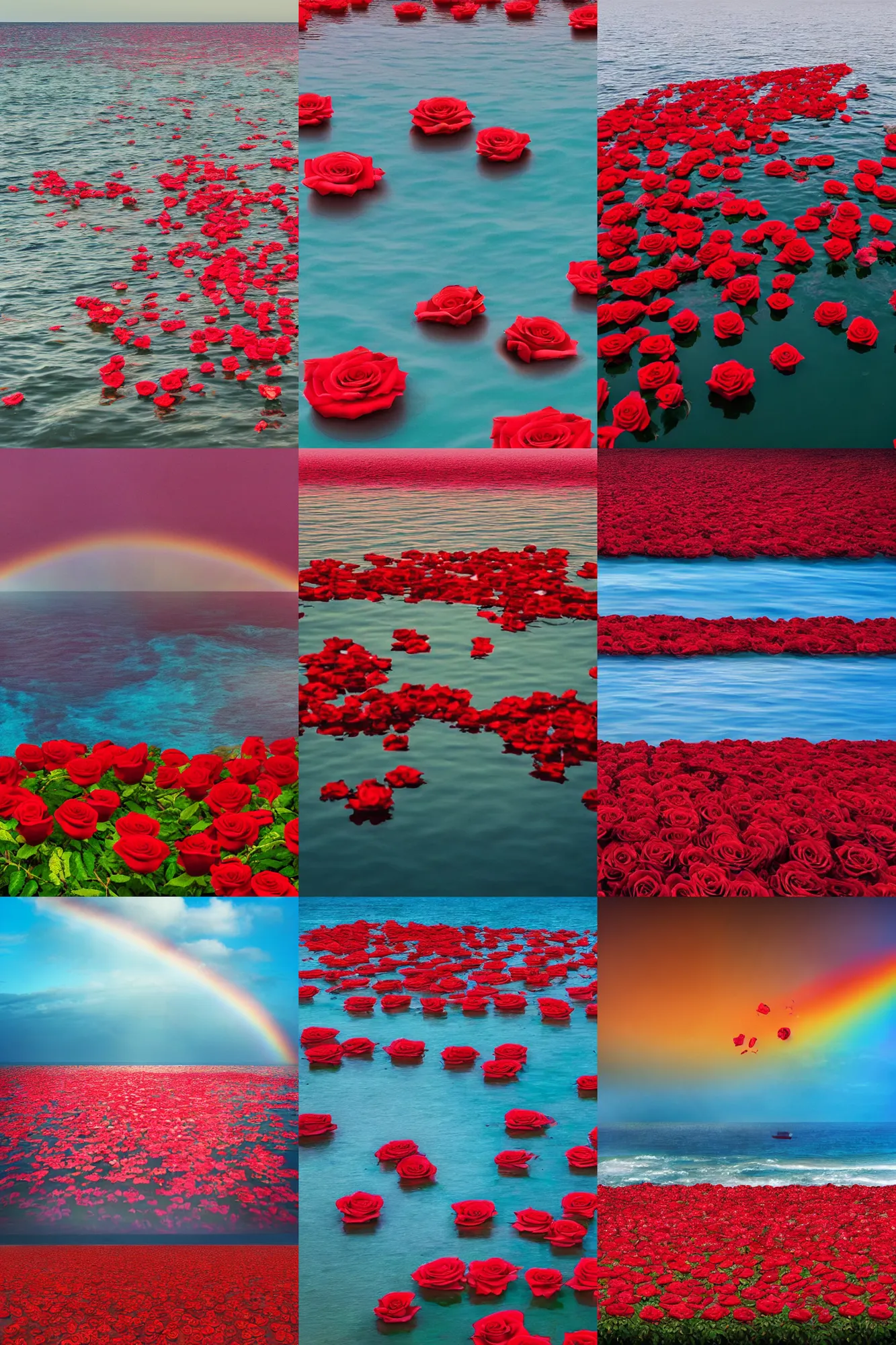 Prompt: a very beautiful picture, a panoramic view of some roses floating on the sea, sea level, endless sea, horizon, red roses, sunset, sunset light, romance, dreams, smoke, rainbow, a rainbow, greg letko's night, floating red roses on the sea, art station trend, light effect, starlight, ue 4, hd, auv