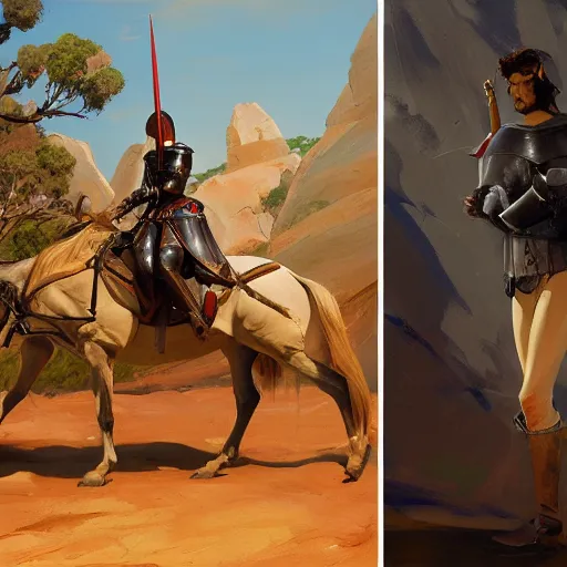 Prompt: detailed painting of a medieval knight standing near ayer's rock in the australian outback, jodhpurs greg manchess, painting by sargent and leyendecker, asymmetrical intricate elegant illustration gwent, by greg rutkowski, by greg tocchini, by craig mullins