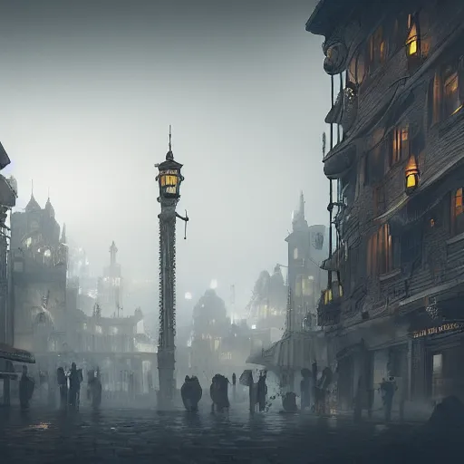 Image similar to a steampunk city shrouded in fog, highly detailed, 8k, sharp focus, trending on artstation