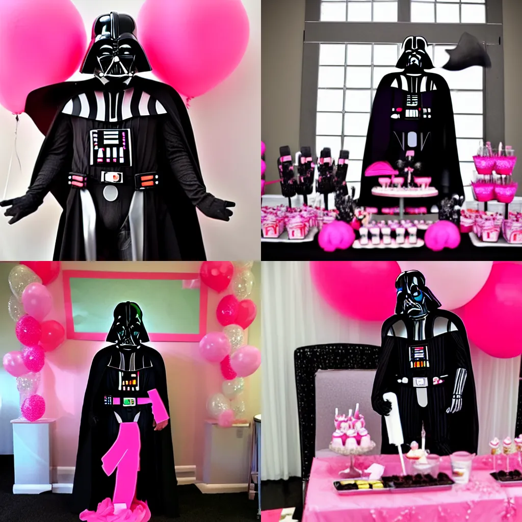 Prompt: darth vader having fun at a pink princess themed birthday party
