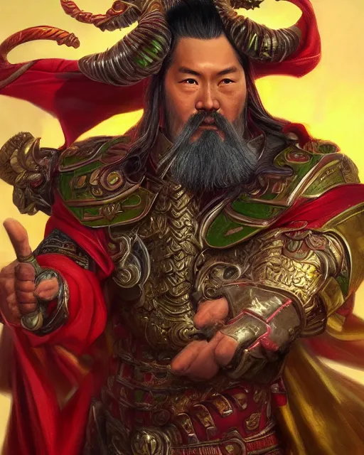 Image similar to guan yu as a superhero portrait | highly detailed | very intricate | symmetrical | whimsical and magical | soft cinematic lighting | award - winning | closeup portrait | doll | painted by donato giancola and mandy jurgens and ross tran | pastel color palette | featured on artstation