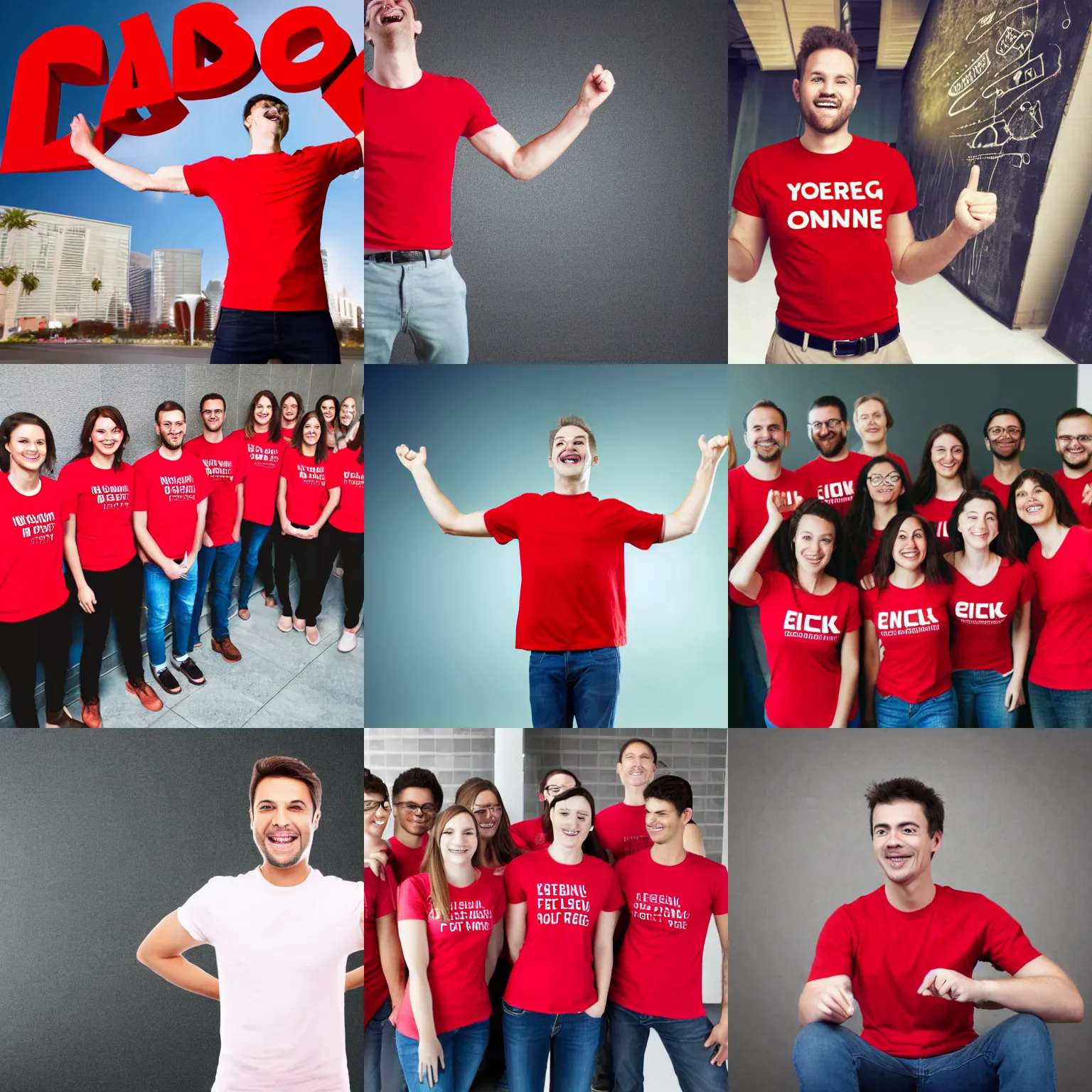 Prompt: stock photo of that feeling of joining an awesome company wearing a red t - shirt