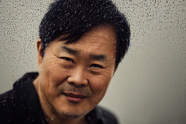 Image similar to a cinematic headshot portrait of a middle aged asian man, movie still, fog, ocean background, waves, rain, dramatic lighting, back light, hair light, rim light, 4 k, ultra realistic